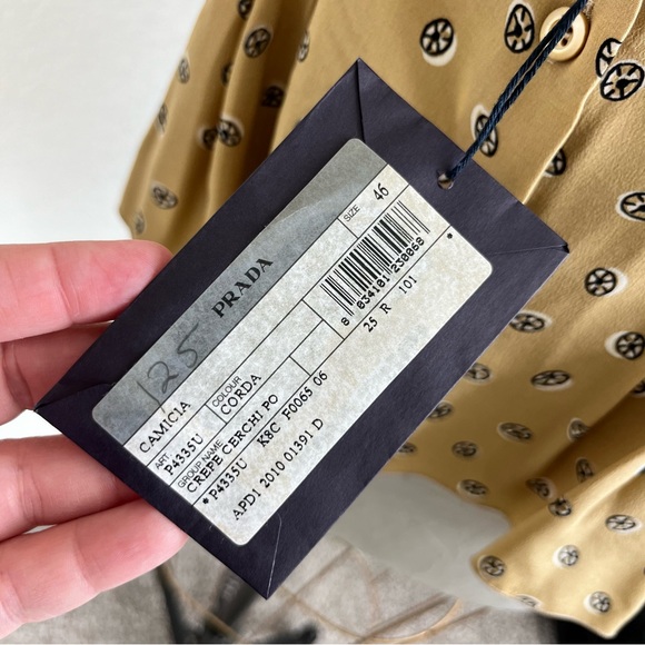 Prada Silk Circular Pattern Button Down Tan Short Sleeve Blouse Top - Picture 7 of 13
